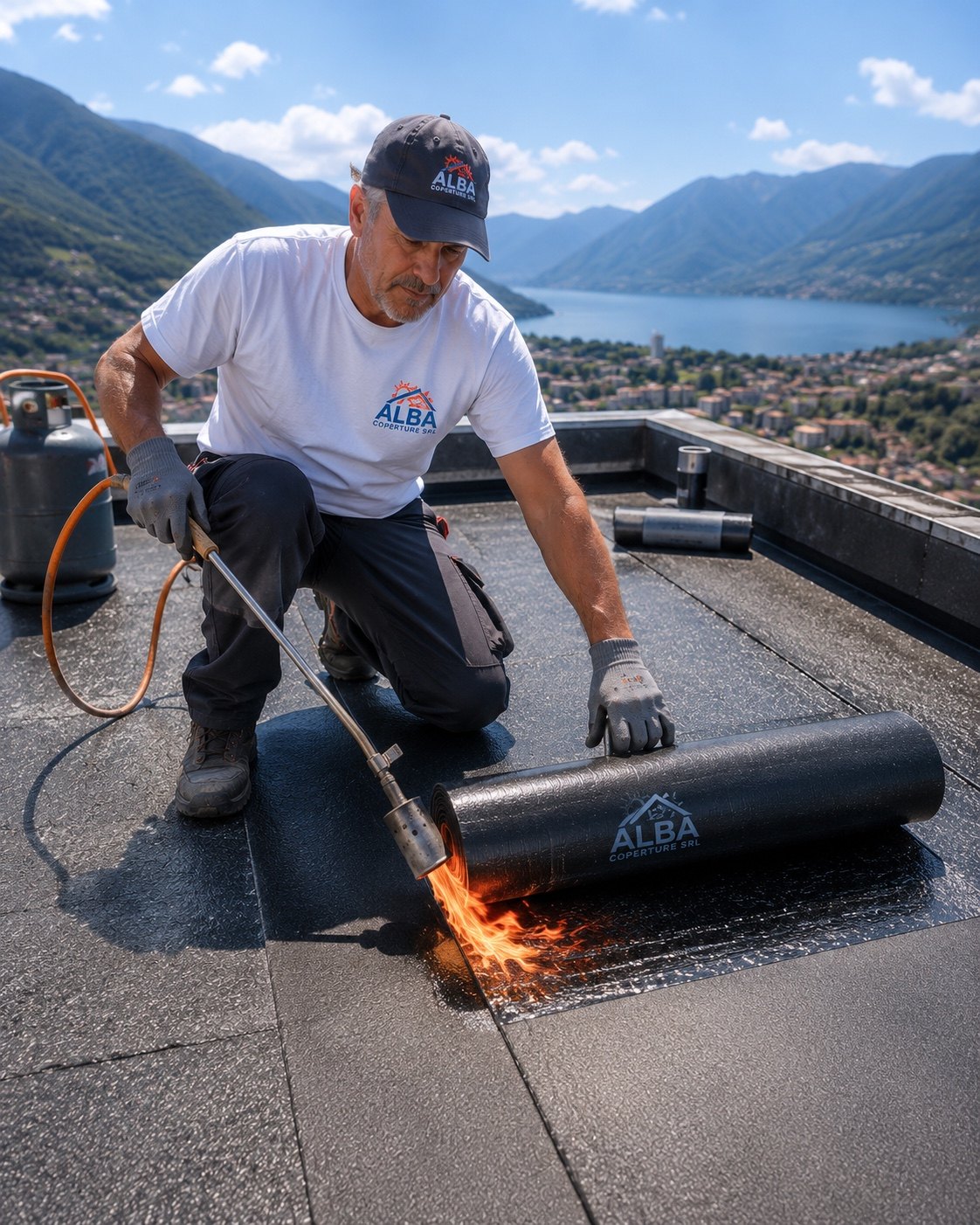 Tecnico Alba Coperture posa una membrana bituminosa a fiamma su una copertura piana con vista sul Lago di Como